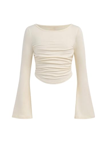 Floerns Girl's Long Bell Sleeve T Shirts Ruched Crewneck Solid Tee Shirts