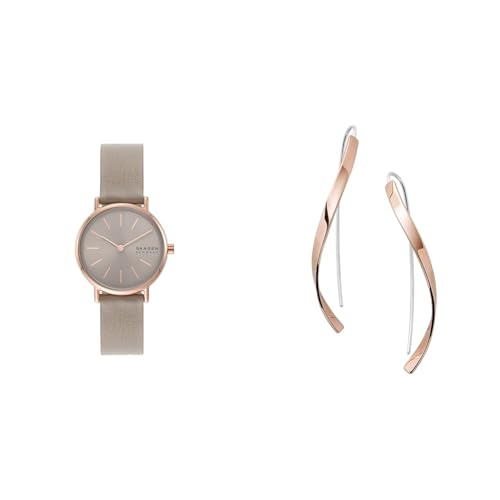 Reloj Skagen Signatur de cuero gris y pendientes Kariana de acero rosa