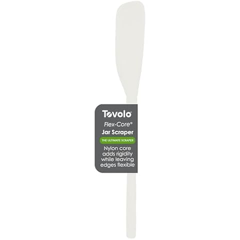 Tovolo Flex-Core Silicone Spatula Jar Scraper, White - Long-Handled Rubber Spatula with Angled Head for Scooping & Scraping - Heat-Resistant Spatulas for Kitchen Use, Dishwasher Safe & BPA-Free Cover