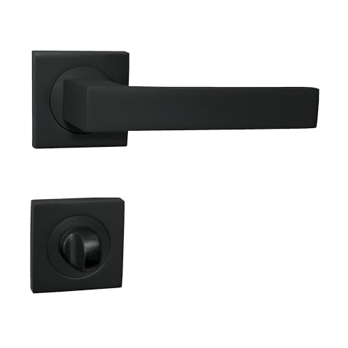 domino Qubik-QR Black Door Handle Set Toilet Bathroom Set Square Rosette for Bathroom Doors Set Toilet Rosette Set Aluminium Door Fittings Black Door Handle Set