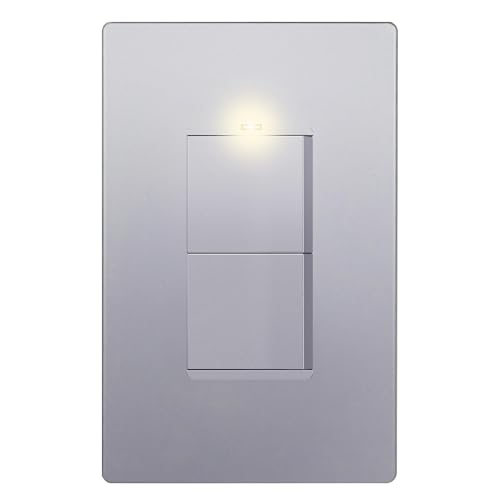 Image of LIDER Lighted Double Switch with Screwless Wall Plate, Combination Frameless Decorator Switch with Locator Light, Ground Terminal, Single Pole, 15A 120V, UL Listed, Thermoplastic, Matte Silver