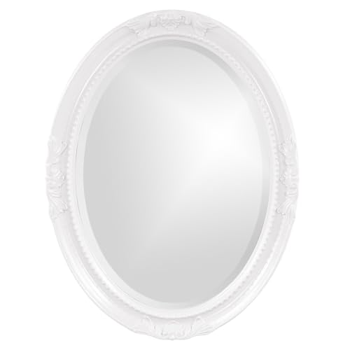 Image of Howard Elliott Collection Queen Ann Antique Glossy White Oval Mirror, Bevelled Vintage Hanging Wood Framed Vanity Wall Mirrors for Home Decor, Living Room, Bathroom, Bedroom, or Hallway, 25 x 33 Inch