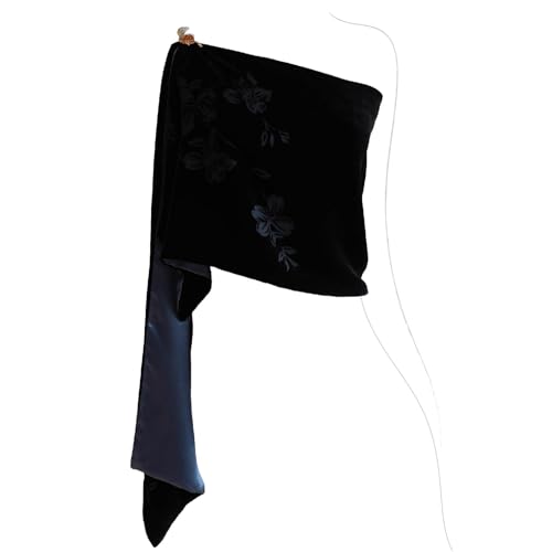 Silk Base Burn-out Velvet Scarf, Silk Lining, 70" Lenth x14 Width, Flora, Black/Dark Gray2
