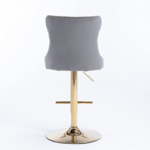 INCLAKE Swivel Velvet Bar Stools Set of 2, Comfy Upholstered Barstools with Tufted Back & Nailhead Trims, 25-33\'\' Height Adjustable Counter Height Bar Chairs for Home Pub Kitchen Island, Gray + Gold