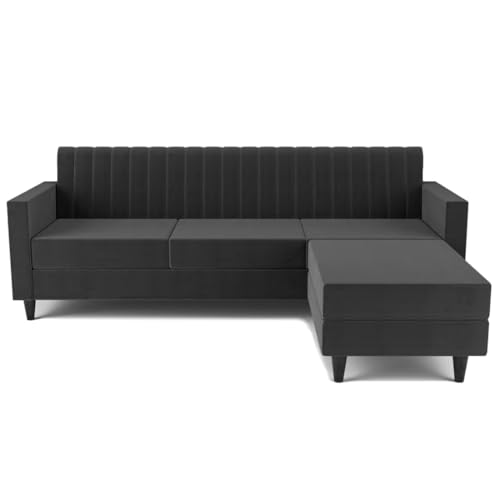 Image of FURNY Carlo 4 Seater - L Shape Convertible Sofa Set for Living Room Furniture Sets 3 Piece Small Sofa, Modular Sectional Couch for Small Space, Upholstery-Velvet Fabric (Grey)