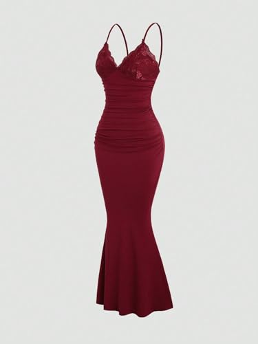 Image of SKAYS Women's Cocktail Dress Maxi Lace Trim Bodycon Long Slip V Neck Ruched Spaghetti Strap Party Dress Backless Gown