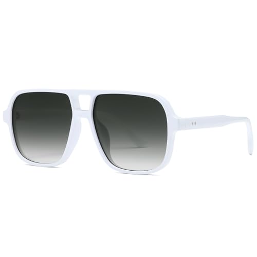 Image of LOJUDI Retro 70s Sunglasses Womens Mens - Pilot Square Tinted Lens Oversized Vintage Ladies Sun Glasses Trendy Shades for UV400 Protection-White/Grey Lens
