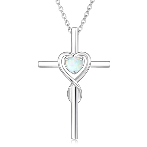 FANCIME Opal Cross Necklace For Women Sterling Silver Birthstone Created Opal Necklace Infinity Heart Cross Pendant October Birthstone Jewelry Gifts for Women