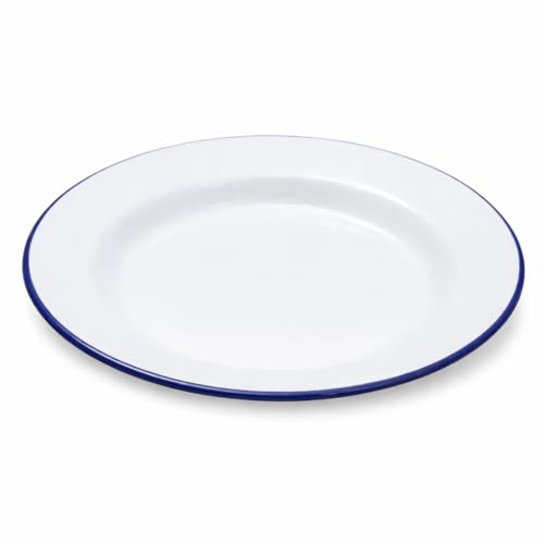 Image of Premium Quality Traditional Enamel White Blue Trim Dinner Plate 22cm, Round Deep Dish for Rice, Pasta, Soup, Pie, Mixing Bowl, Tableware Crockery, Dishwasher/Microwave/Freezer Safe