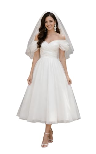 White Tea-Length Wedding Dresses for Bride, Off-the-Shoulder Simple Reception Gown with Sweetheart Neckline for Courthouse & Garden Weddings Size 4