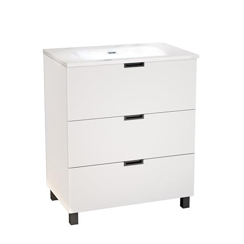 Baikal Mueble de Baño Tail. Conjunto de Baño de 3 Cajones con Patas, Apertura Mediante Triple uñero. Incluye Lavabo Cerámico. Mueble de Fondo de 46cm. Mueble MONTADO. Sin Espejo 70 cm Blanco
