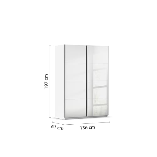 Rauch Möbel Subito Kleiderschrank für Schlafzimmer, Kinderzimmer, Flur, Garderobe, 2-türig mit Spiegel, Farbe Weiß, inkl. 2 Kleiderstangen, 2 Einlegeböden, Breite 136 cm