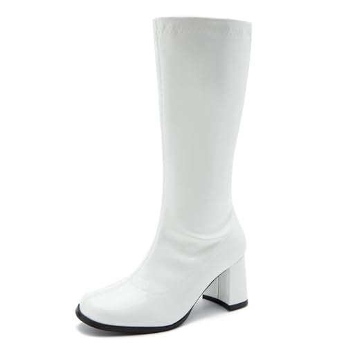 omthaka Women's Go-Go Boot Mid Calf Boots PU Leather Ladies Party Dance Shoes with Zipper Costume BootsWhite 40-US 9.5