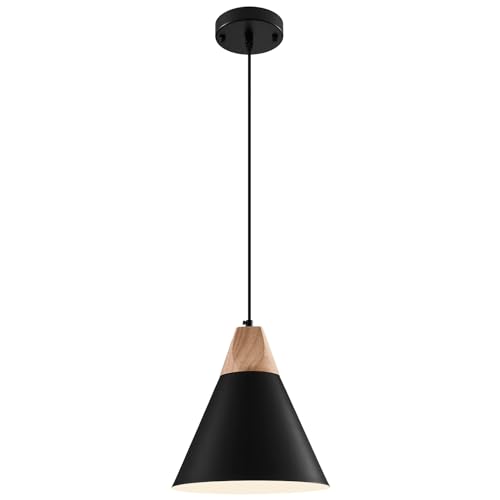 Black Pendent Light Fixtures 1 Pack 9.4 inches,Wood and Metal Kitchen Island Lights Ceiling Hanging,Pendant Lights Kitchen,Farmhouse Kitchen Light Fixtures for Bedroom,Hallway,Bar