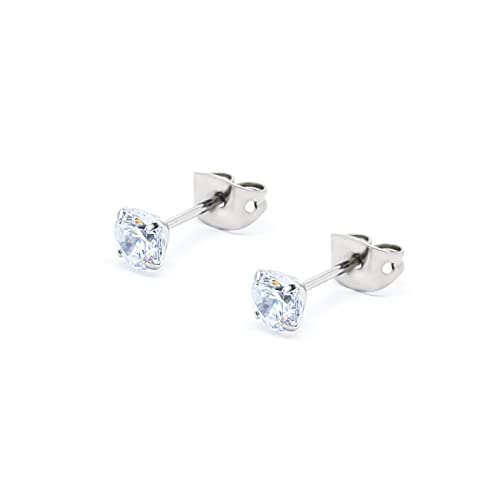 G23 Titanium Cubic Zirconia Stud Earrings CZ Brilliant Simulated Diamond 4 Prong 5mm Silver Earring Studs Hypoallergenic Earrings for Sensitive Ears (Round Cut 5mm)