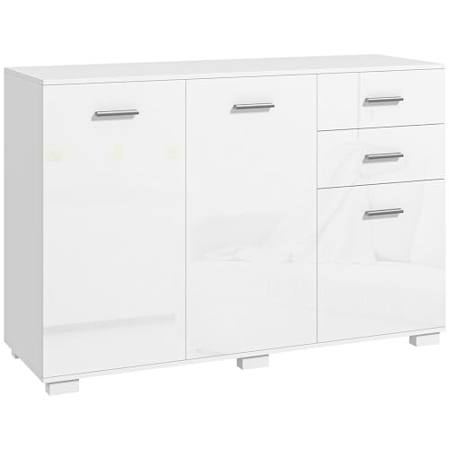 HOMCOM Sideboard Modern Storage Cabinet with 2 Drawers 3 Doors and Adjustable Shelves Kitchen Cabinet for Living Room Dining Room High Gloss White