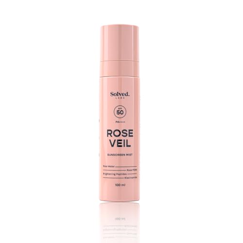 Image of Solved Labs Rose Veil Sunscreen Spray /Mist | SPF50 PA++++ | Rose Water & PDRN, Niacinamide & Brightening Peptides | Lightweight UV Protection Spray Sunscreen | For All Skin Types | 100ml