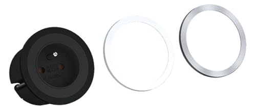 BACHMANN Einbausteckdose PIX 1x Steckdose mit 3 Zierringen (Schwarz, Weiß und Edelstahl-Optik) 2m Kabel Tischsteckdose für Küche, Büro oder Wohnraum Schwarz 926.001 (nur 45mm Einbautiefe)