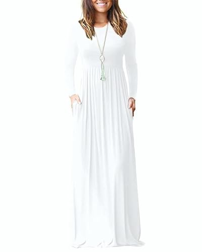 MISFAY Women's Long Sleeve Loose Plain Maxi Dresses Casual Long Dresses Pocket, 1-ls White, Large