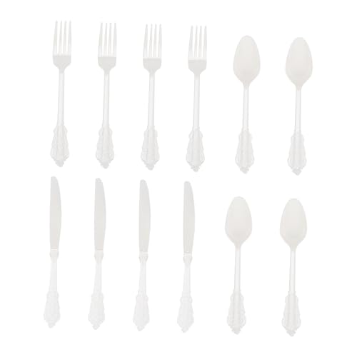 MUCKLILY 12Pcs Gilding Cutlery Plastic Knives Forks Spoons for Parties Weddings Banquets Convenient Tableware Elegant White