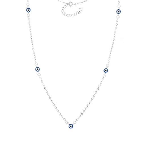 MYSTIC JEWELS – Collar de Plata de ley 925 con 5 Ojos Turcos Esmaltados Azul Marino – Diseño Minimalista 42 + 3 cm – Con Bolsita de Regalo