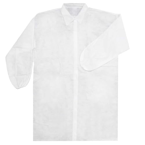 Bata Visita Desechable con Velcro - Material: Polipropileno - Color: Blanco - para Laboratorios, Industrias de Alimentación, Trabajos de limpieza, Talleres o en Visitas a empresas (50)
