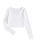 SheIn Damen Crop T-Shirt V-Ausschnitt Bauchfrei Oberteil Cropped Langarmshirt Basic Tops Weiß L