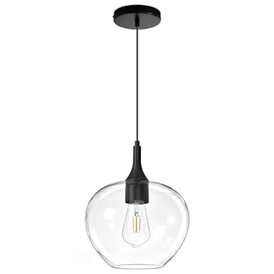 Deyidn Glass Pendant Lights Kitchen Island, Matte Black Pendant Lighting Fixtures, Modern Hanging Ceiling Light with 9.45'' Clear Glass Shade for Farmhouse Dining Room Bedroom Hallway(1 Pack)