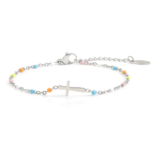 UILZ Dainty Colorful Beads Cross Bracelet for Women 18K Gold Plated Minimalist Bead Cross Bracelet Christian Bracelet Gifts Religious Cross Jewelry for Religious Believers