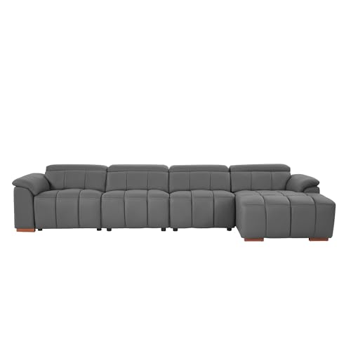 KEIKI 145' L-Shaped Genuine Leather Wall-Hugger Reclining Sofa with Right Chaise, Adjustable Backrest & Footrest, Modern Style Electric Control 4-Seater Couch with USB, for Living Room, Dark Grey