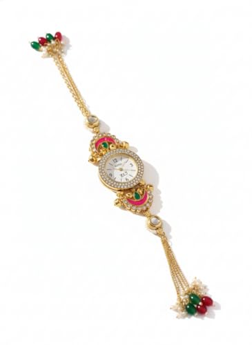 Meenakari Round Dial Bracelet Watch, Gold Tone with Pink and Green Stones, Traditional Indian Jewelry Style
