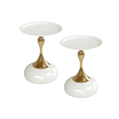 Soayone Juego de 2 Mesitas de Centro Pequeñas Redondas, Mesita Auxiliar Salon Metal, 40x40x53 cm, Dorado y Blanco