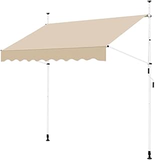 costoffs Manual Adjustable Awning, Retractable Canopy Telescopic Shelter with Crank Handle, Rain Sun Shade for Patio/Gazebo/Garden/Restaurant/Cafe, Beige, 2.5m x 1.2m