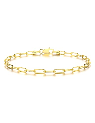 nometo 925 Sterling Silver Paperclip Bracelet Lobster Clasp 3mm 14k Gold Plated Over Paperclip Bracelet for Women Diamond Cut 6.5-9Inches(7)