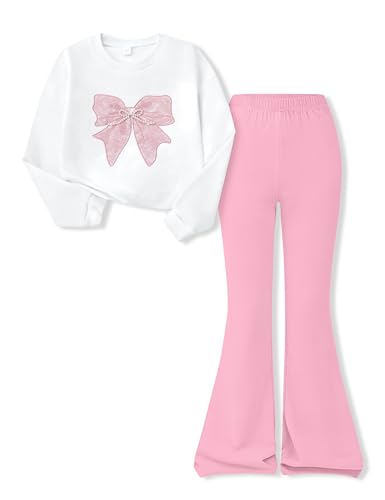 Size 9-10 Years Girls Clothes 2 Piece Butterfly Sweatshirt Tops & Flared Pants Fashion Girls Fall Winter Outfits Set Pink(9-10Y)