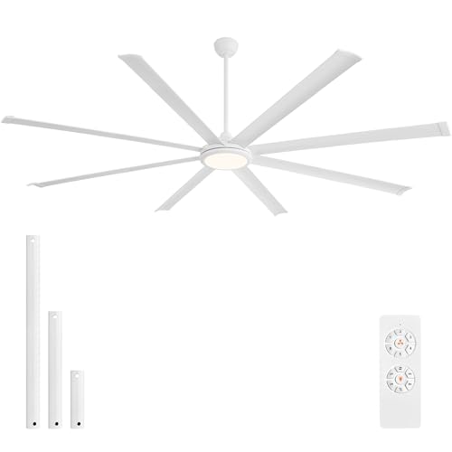 Image of WINGBO 120 Inch Industrial Ceiling Fan with Light and Remote, 8 Aluminum Blades Large Ceiling Fans, 3CCT, 6-Speed Reversible Noiseless DC Motor for Kitchen Bedroom Living Room, White