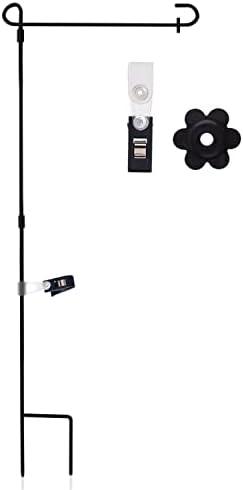 Anley Wrought Iron Garden Flag Stand - Upgraded Version Reinforced Garden Flag Pole Holder - Weather Resistant & Easy Assemble & Black Matte Coating - FREE Flag Stopper & Alligator Clip - H38 x W15