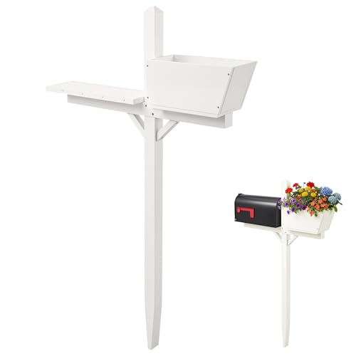 Colingmill 4.5ft x 2 in X2 in Mailbox Post with Planter Arm Decorative Wood Mailbox Stand No Dig Waterproof White Mail Box Post for Outside Outdoor Garden for Yard(Without Mailboxes)
