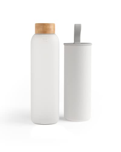 waterdrop Edition Glass Bottle 600ml leakproof | BPA free Water Bottle | Glass Water Bottle with Bamboo Lid and Neoprene Protection Sleeve, Glass Drinking Bottle | Sustainable Borosilicate Glass