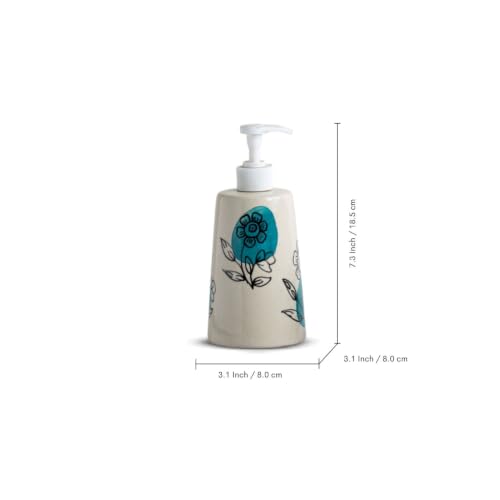 Image of ExclusiveLane 'Aqua Bloom' Hand-Painted Ceramic Bathroom Accessories Set of 2 (Liquid Soap Dispenser for Wash Basin, Paste & Toothbrush Holder) |Handwash Dispenser |Bathroom Organiser Set