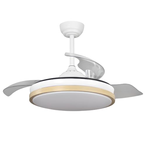 Ventilador de techo pequeño blanco madera aspas retractiles | Lampara ventilador techo palas plegables silencioso con luz Wood S