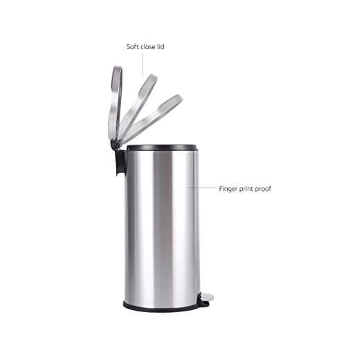 Amazon Basics Round Cylindrical Trash Can With Soft-Close Foot Pedal, 30 Liter/7.9 Gallon, Brushed Stainless Steel #TOP5