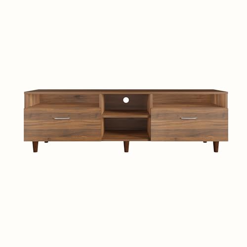 Image of VIKI Modern TV Unit for Living Room | Engineered Wood TV Cabinet with 2 Drawer Storage & 3 Open Shelves, Set Top Box Stand, Entertainment Unit, 160W x 48H x 40D cm | DIY | 1 Year Warranty (Walnut)