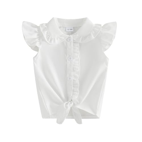 Toddler Girl Button Down Shirt Tie Knot Shirt Plaid Blouse Sleeveless Ruffle Tops Kids Baby Summer Clothes 1-5 Years, 17 White, 4-5 Years