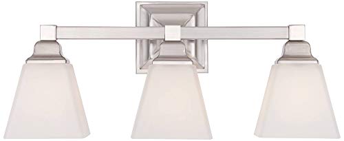 Image of Mencino 20 inch Wide Nickel and Opal Glass Bath Wall Mount 3-Light Fixture | Satin Silver Metal Hardwired Etched White Shade for Bathroom Vanity Mirror House Home Room Decor