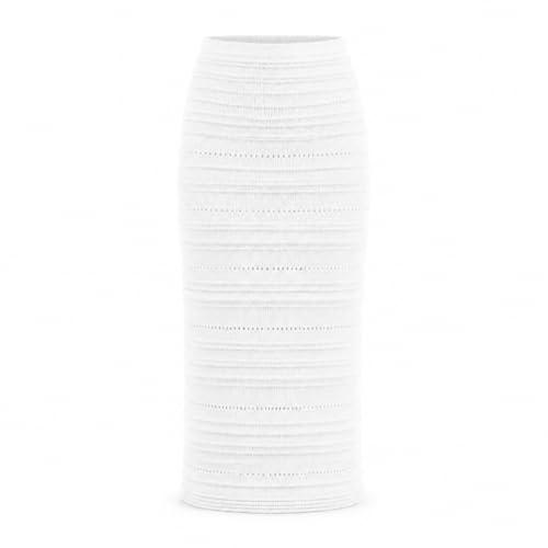 Women's Cream Knit Maxi Skirt - Ribbed Stripe & Eyelet Detail, Fitted Silhouette, Soft Stretch...