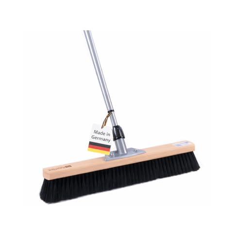 BawiTec Qualitäts Kehrbesen Saalbesen 50cm Breit mit Weichen Schwarzen Kunsthaar-Borsten und Metall-Teleskopstiel Verstellbar Ausziehbar für Haushalt Büro Lager Glatte Böden