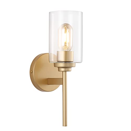 Image of JONATHAN Y 13 inch Brass Gold /Clear Industrial Farmhouse LED Wall Sconce, with Clear Glass Cylinder Shade, 1-Light Iron Vanity Light for Bathroom Mirror Hallway Bedroom (JYL9547B)