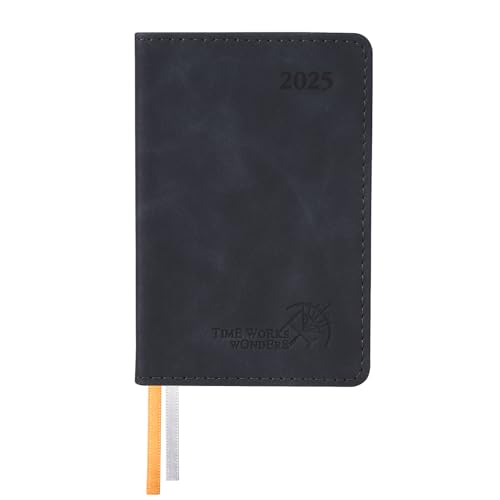 POPRUN Mini TaschenKalender 2025 Klein 12 x 8 cm - auf Deutsch - Kalender 2025 A7 Softcover mit PU-Leder - Terminplaner mit 70 GSM Papier - Schwarz