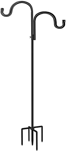 Double Shepherds Hook for Outdoor,78 Inch Bird Feeder Pole with 5 Prongs Base,Adjustable Heavy Duty Garden Hanging Holder for Hanging Plant,Solar Light,Weddings Decor,Hummingbird Feeder（1 Pack）